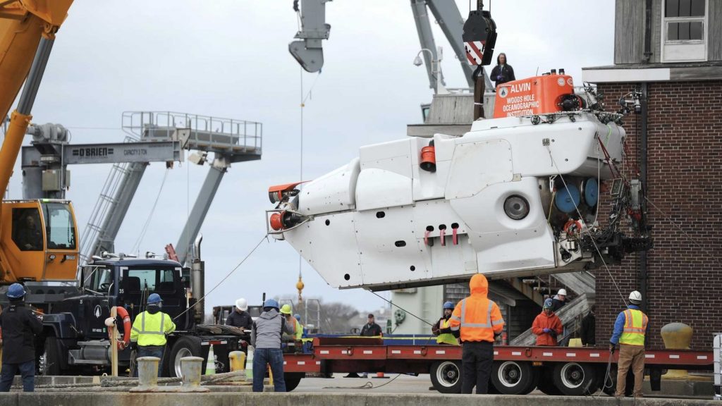 Alvin on crane coming off Atlantis