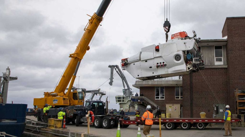 Alvin arriving at Woods Hole Oceanographic - offloaded from Atlantis by crane. 