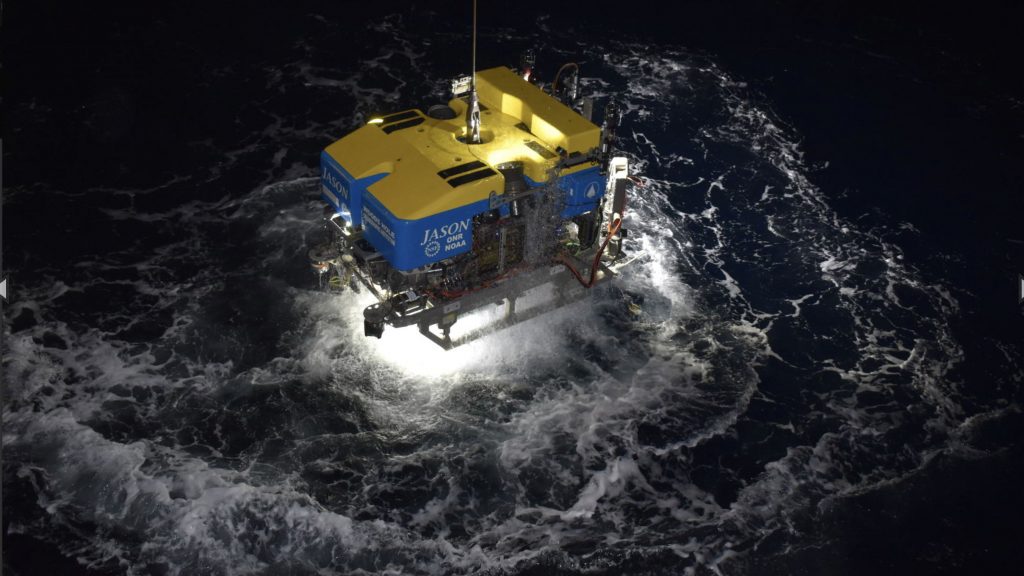 The ROV Jason rises from the deep after diving in the International District Hydrothermal Field. Credit: University of Washington.