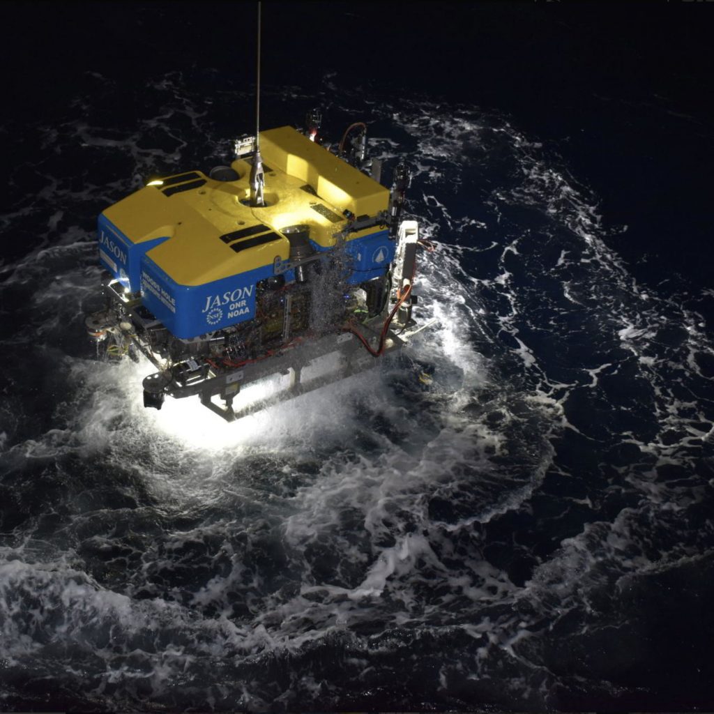 The ROV Jason rises from the deep after diving in the International District Hydrothermal Field. Credit: University of Washington.