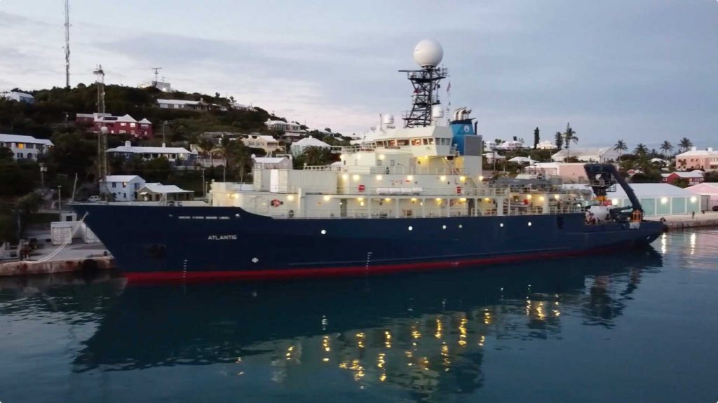 R/V Atlantis at Penno’s Warf in Bermuda. (Photo by Troy Pew, ©Woods Hole Oceanographic Institution)