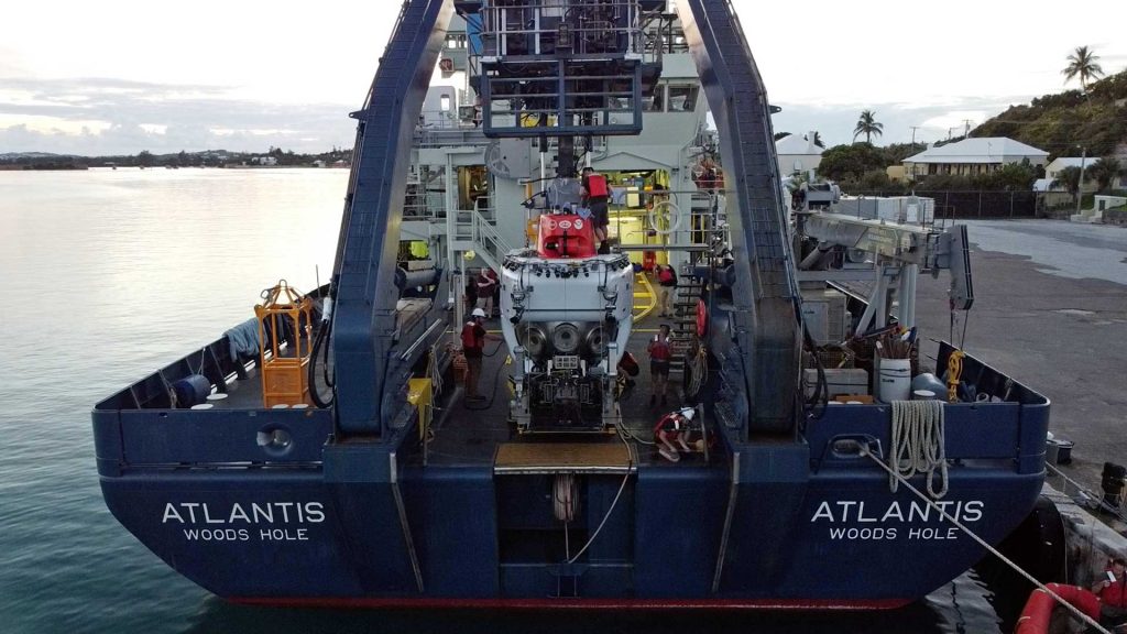 Alvin on the stern of Atlantis during dock tests in Bermuda. (Photo by Troy Pew, ©Woods Hole Oceanographic Institution)