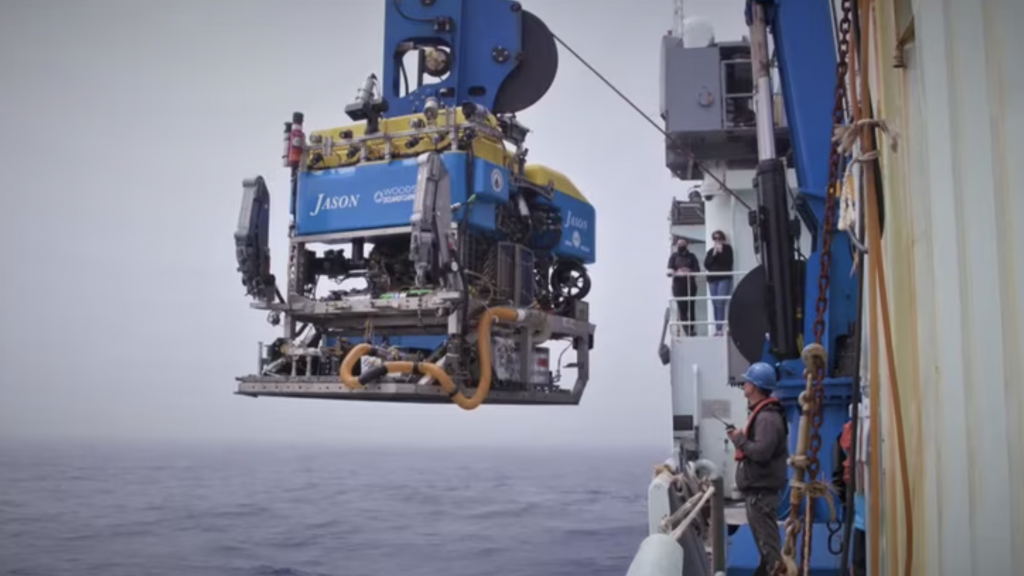 In this video still, the ROV Jason is being launched on Tuesday, June 28, 2022. It will descend about a mile below the ocean surface to the Axial Seamount. Photo by Stephani Gordon/OPB/OPB.