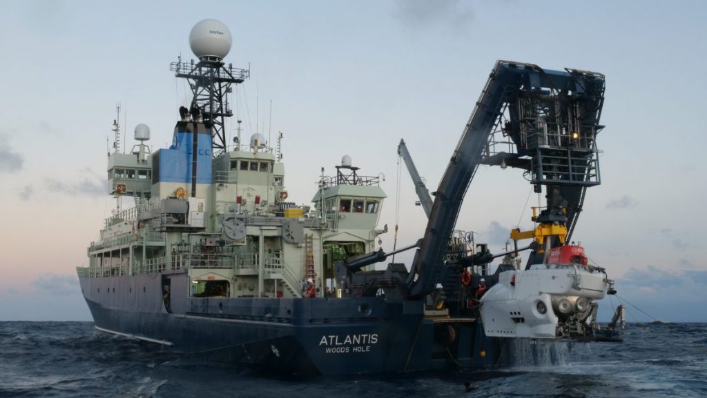 HOV Alvin being recovered to the research vessel Atlantis.