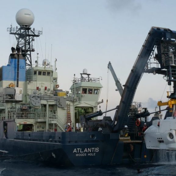 HOV Alvin being recovered to the research vessel Atlantis.